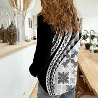 Black Hawaiian Quilt Pattern Women Casual Shirt Mixed Polynesian Tribal Arty