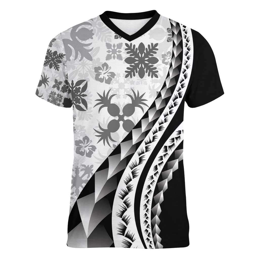 Black Hawaiian Quilt Pattern Women V-Neck T-Shirt Mixed Polynesian Tribal Arty LT9 Female Black - Polynesian Pride