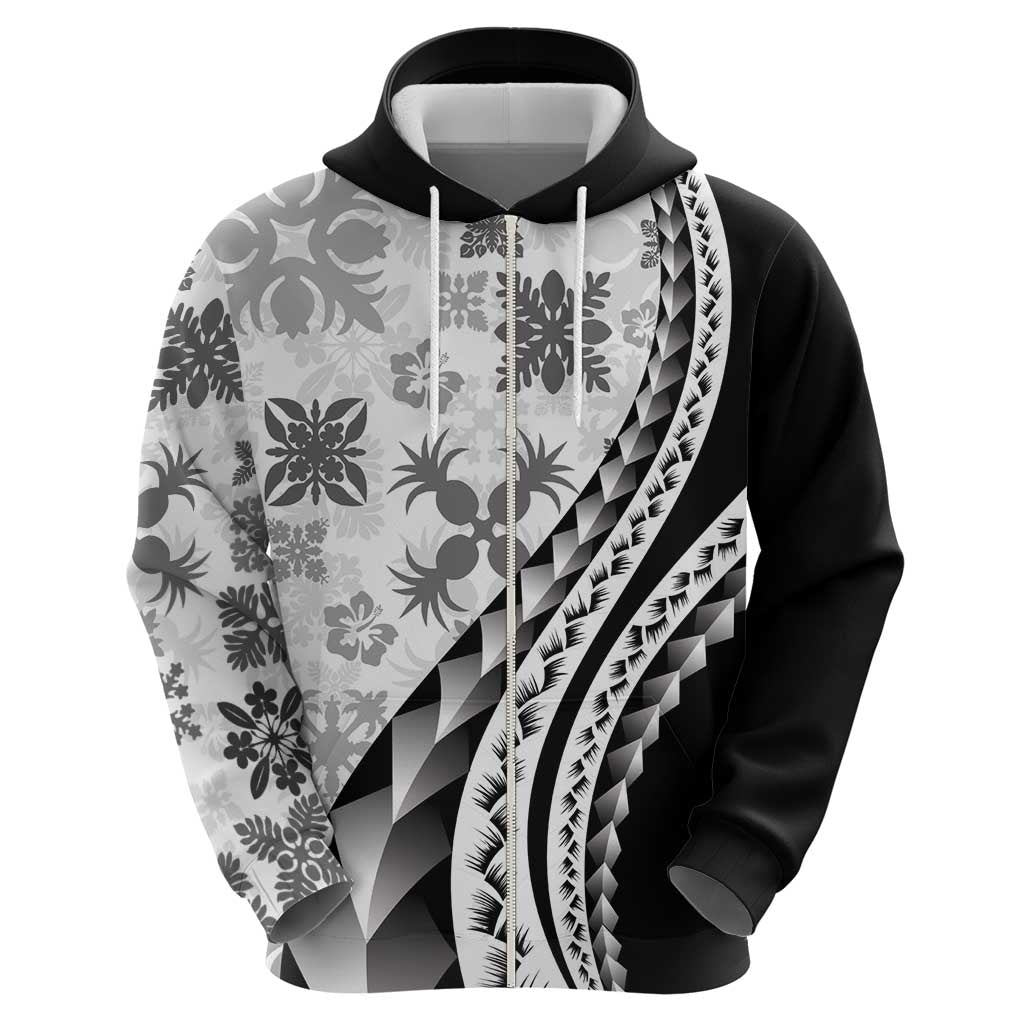 Black Hawaiian Quilt Pattern Zip Hoodie Mixed Polynesian Tribal Arty