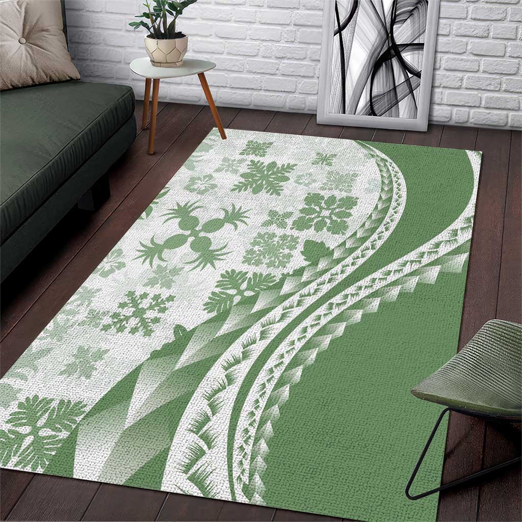 Green Hawaiian Quilt Pattern Area Rug Mixed Polynesian Tribal Arty