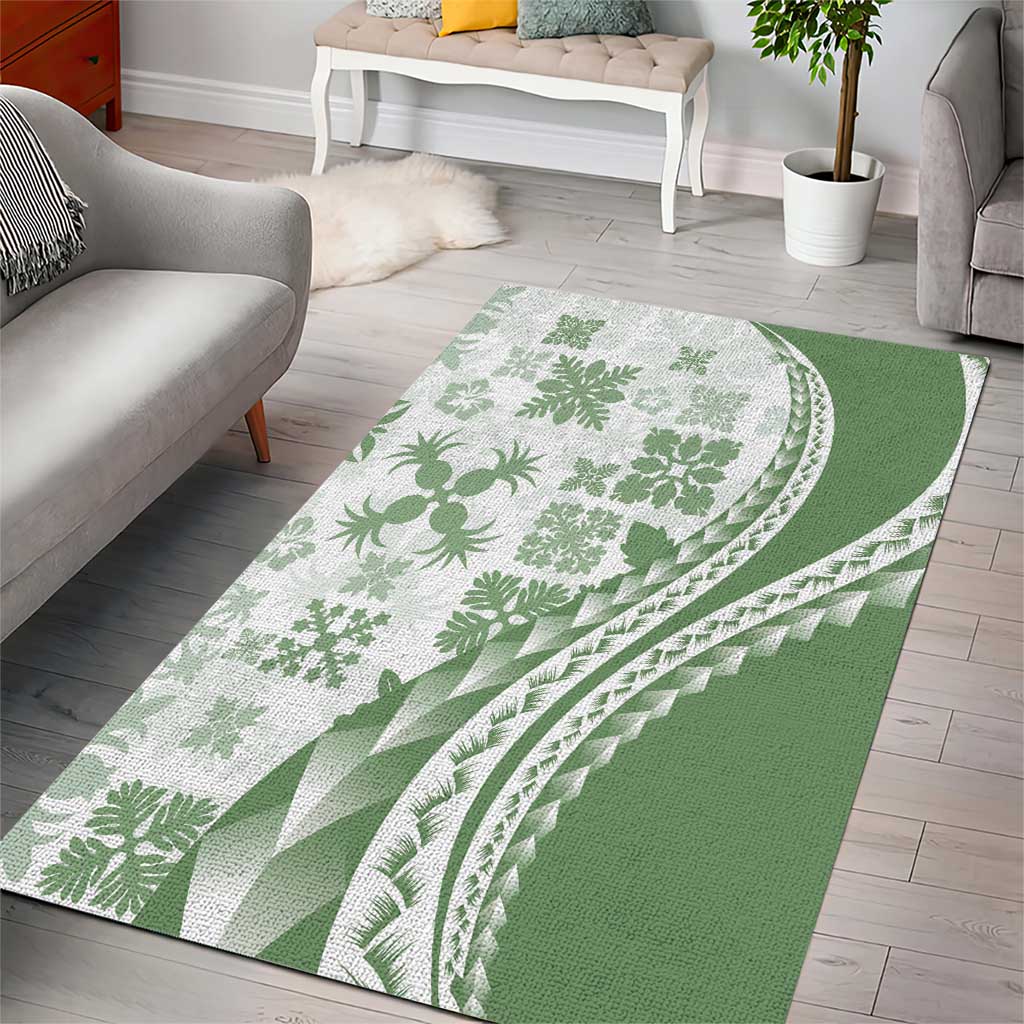 Green Hawaiian Quilt Pattern Area Rug Mixed Polynesian Tribal Arty