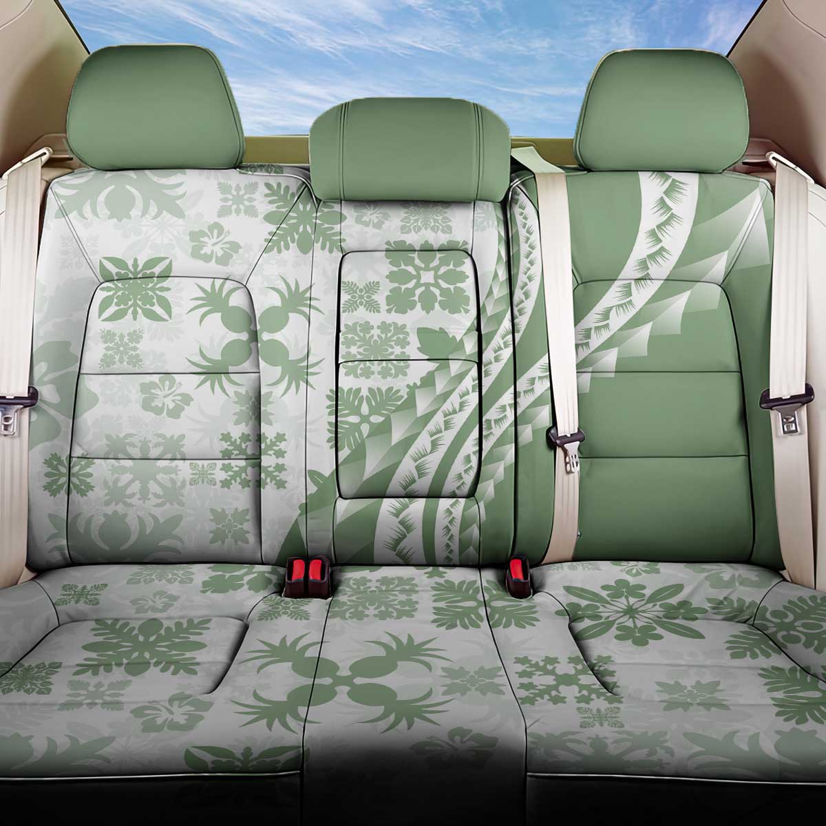 Green Hawaiian Quilt Pattern Back Car Seat Cover Mixed Polynesian Tribal Arty