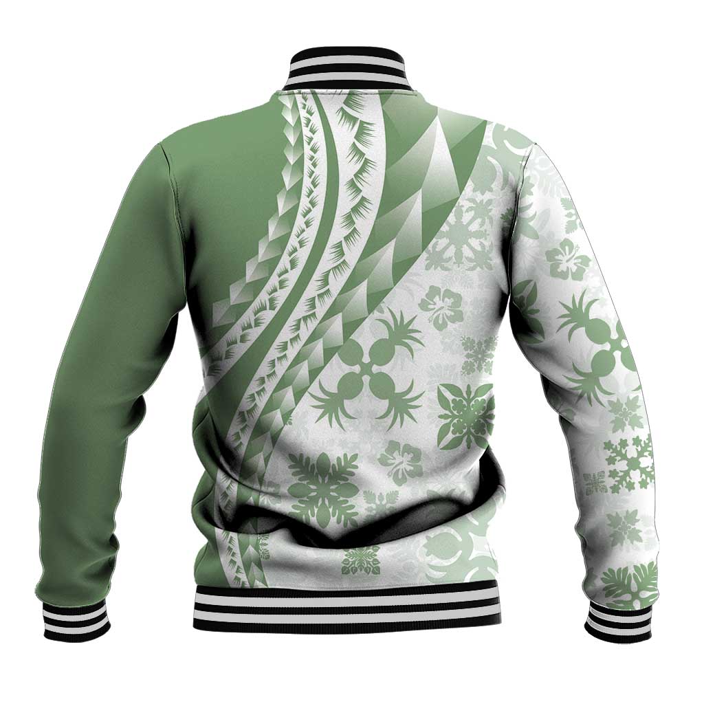 Green Hawaiian Quilt Pattern Baseball Jacket Mixed Polynesian Tribal Arty