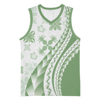 Green Hawaiian Quilt Pattern Basketball Jersey Mixed Polynesian Tribal Arty - Polynesian Pride