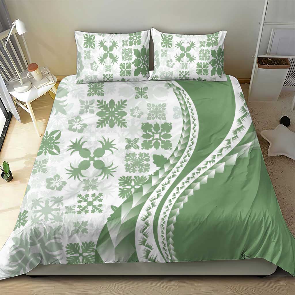 Green Hawaiian Quilt Pattern Bedding Set Mixed Polynesian Tribal Arty