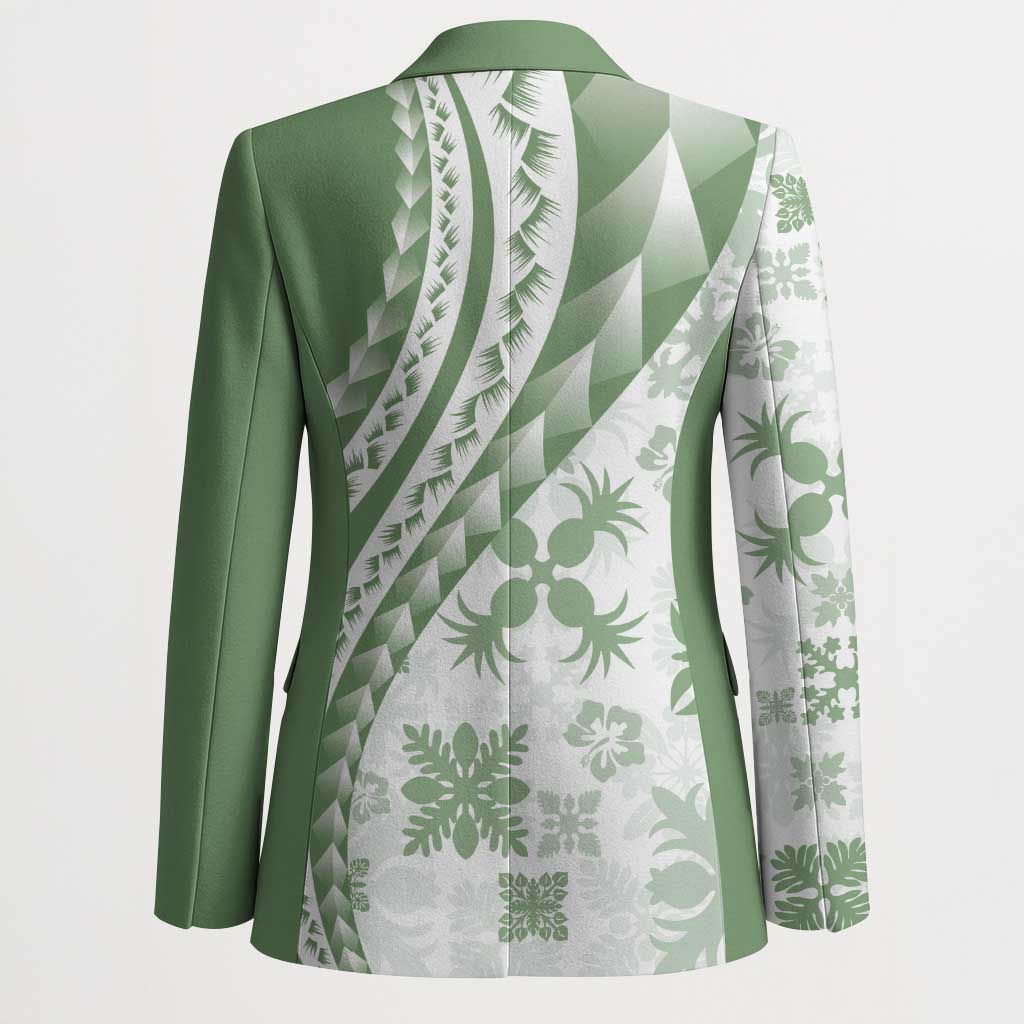 Green Hawaiian Quilt Pattern Blazer Mixed Polynesian Tribal Arty - Polynesian Pride