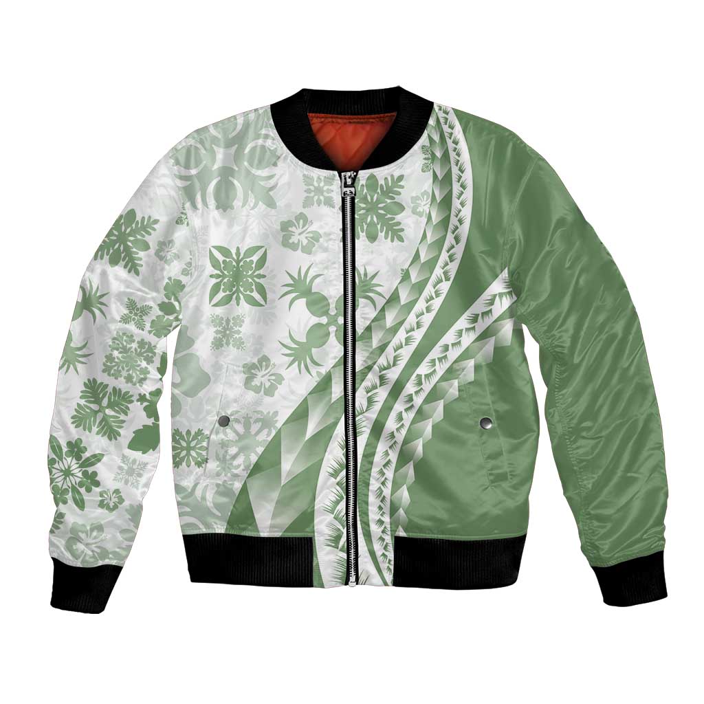 Green Hawaiian Quilt Pattern Bomber Jacket Mixed Polynesian Tribal Arty LT9 Unisex Green - Polynesian Pride