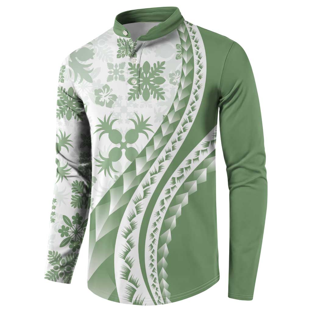 Green Hawaiian Quilt Pattern Button Sweatshirt Mixed Polynesian Tribal Arty LT9 - Polynesian Pride