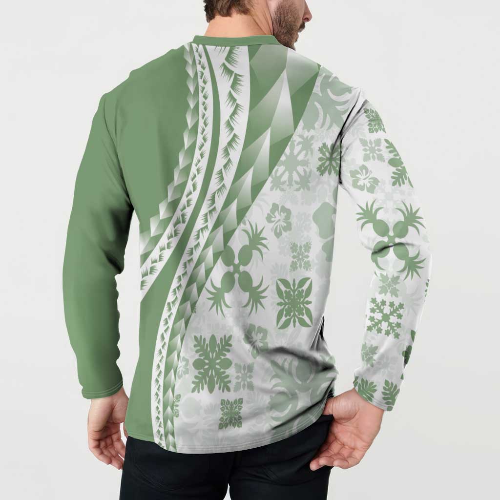 Green Hawaiian Quilt Pattern Button Sweatshirt Mixed Polynesian Tribal Arty LT9 - Polynesian Pride