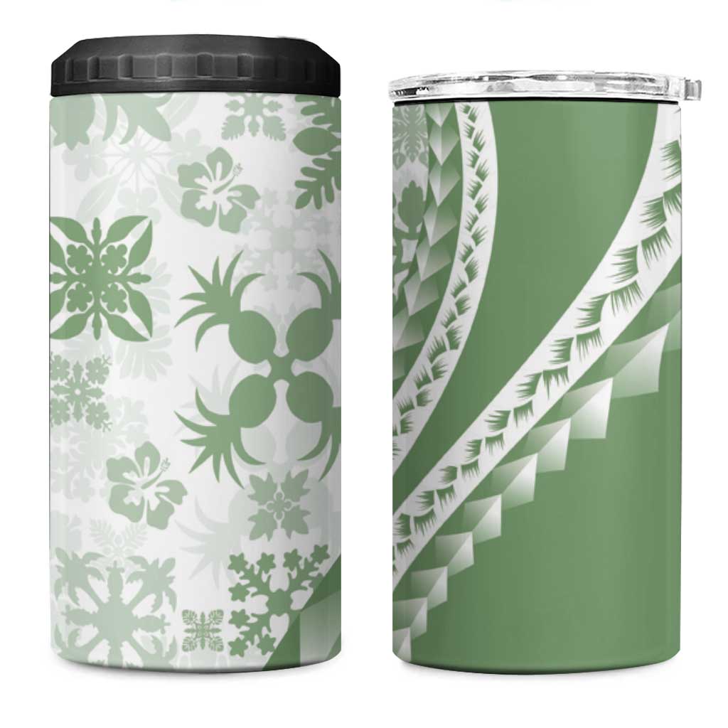 Green Hawaiian Quilt Pattern 4 in 1 Can Cooler Tumbler Mixed Polynesian Tribal Arty