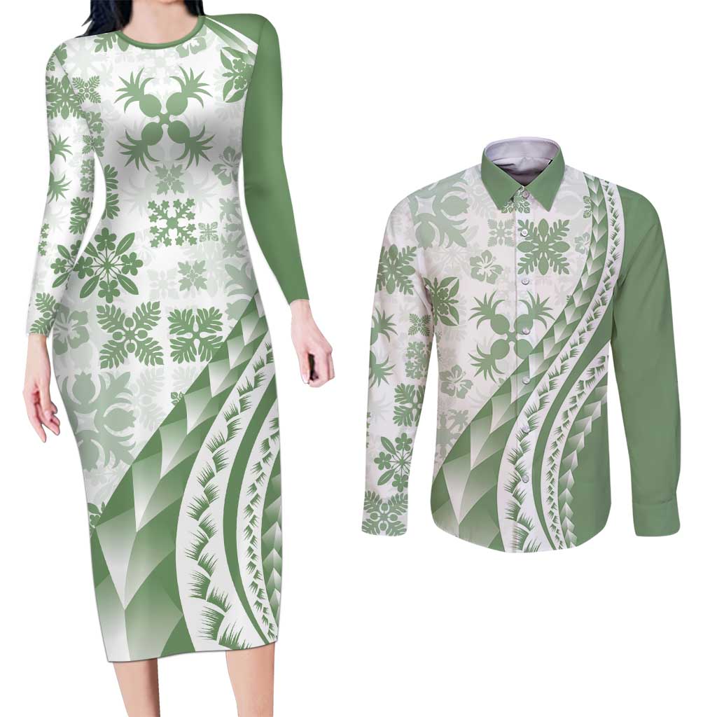 Green Hawaiian Quilt Pattern Couples Matching Long Sleeve Bodycon Dress and Long Sleeve Button Shirt Mixed Polynesian Tribal Arty LT9 Green - Polynesian Pride