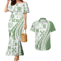 Green Hawaiian Quilt Pattern Couples Matching Mermaid Dress and Hawaiian Shirt Mixed Polynesian Tribal Arty LT9 Green - Polynesian Pride