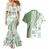 Green Hawaiian Quilt Pattern Couples Matching Mermaid Dress and Hawaiian Shirt Mixed Polynesian Tribal Arty LT9 - Polynesian Pride