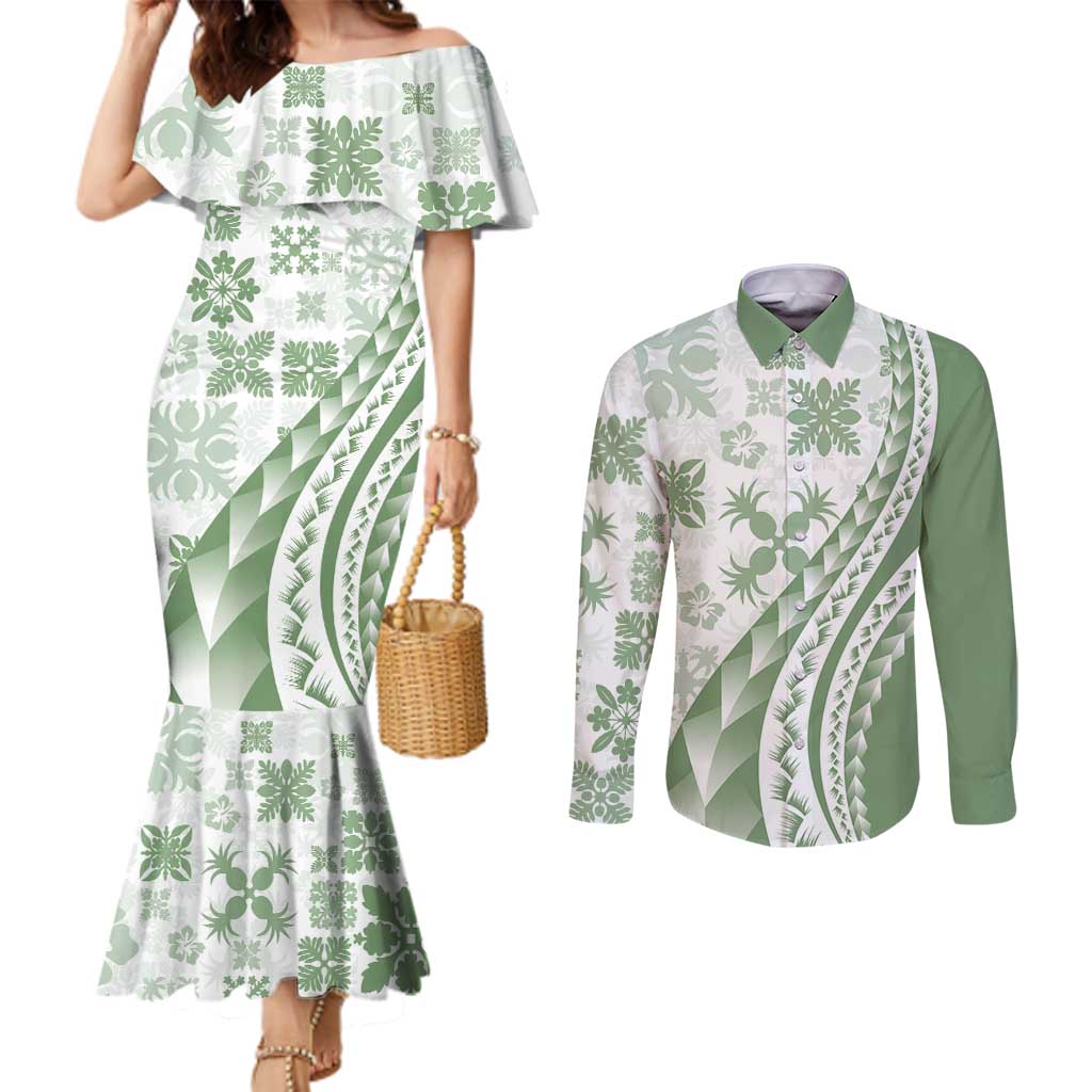 Green Hawaiian Quilt Pattern Couples Matching Mermaid Dress and Long Sleeve Button Shirt Mixed Polynesian Tribal Arty LT9 Green - Polynesian Pride