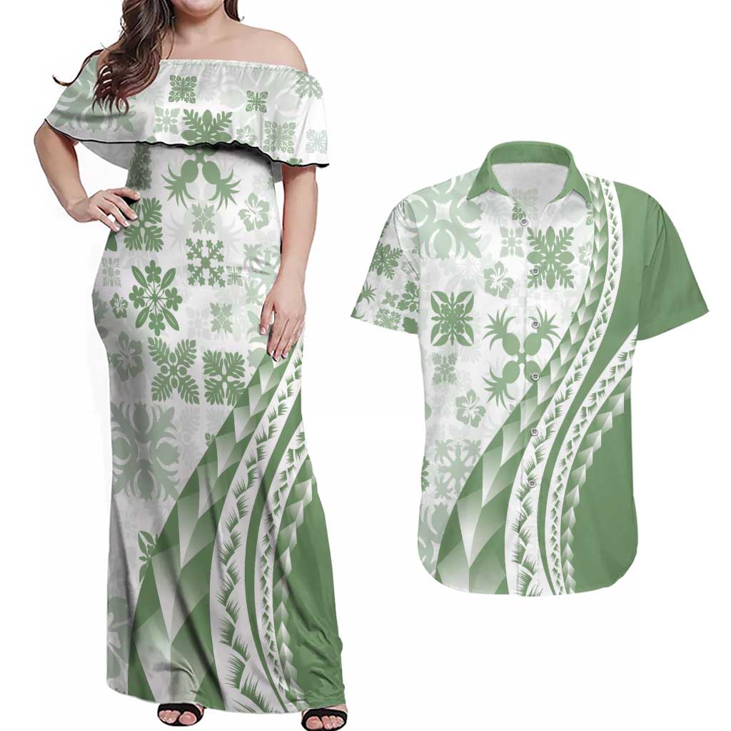 Green Hawaiian Quilt Pattern Couples Matching Off Shoulder Maxi Dress and Hawaiian Shirt Mixed Polynesian Tribal Arty LT9 Green - Polynesian Pride