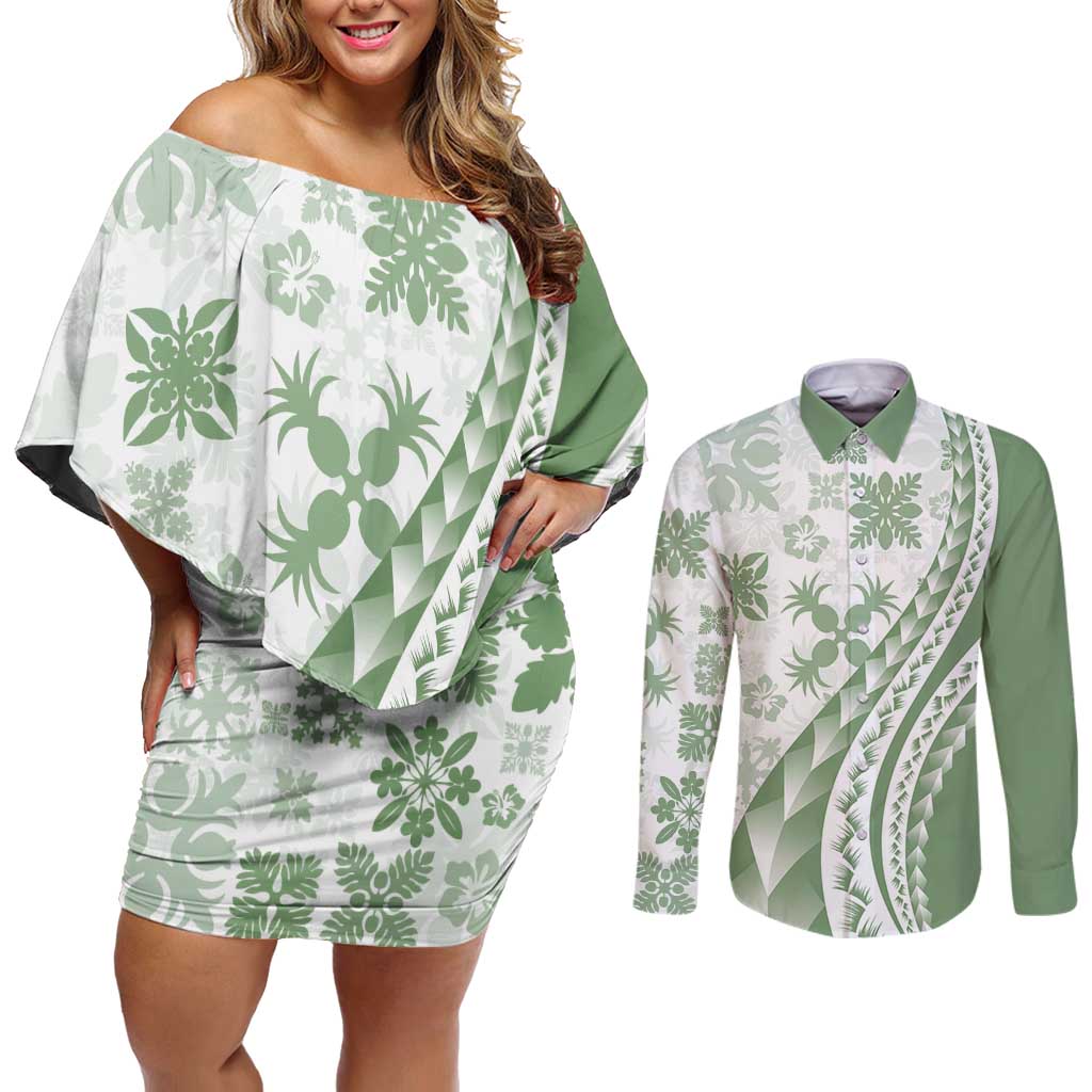 Green Hawaiian Quilt Pattern Couples Matching Off Shoulder Short Dress and Long Sleeve Button Shirt Mixed Polynesian Tribal Arty LT9 Green - Polynesian Pride