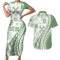 Green Hawaiian Quilt Pattern Couples Matching Short Sleeve Bodycon Dress and Hawaiian Shirt Mixed Polynesian Tribal Arty LT9 Green - Polynesian Pride