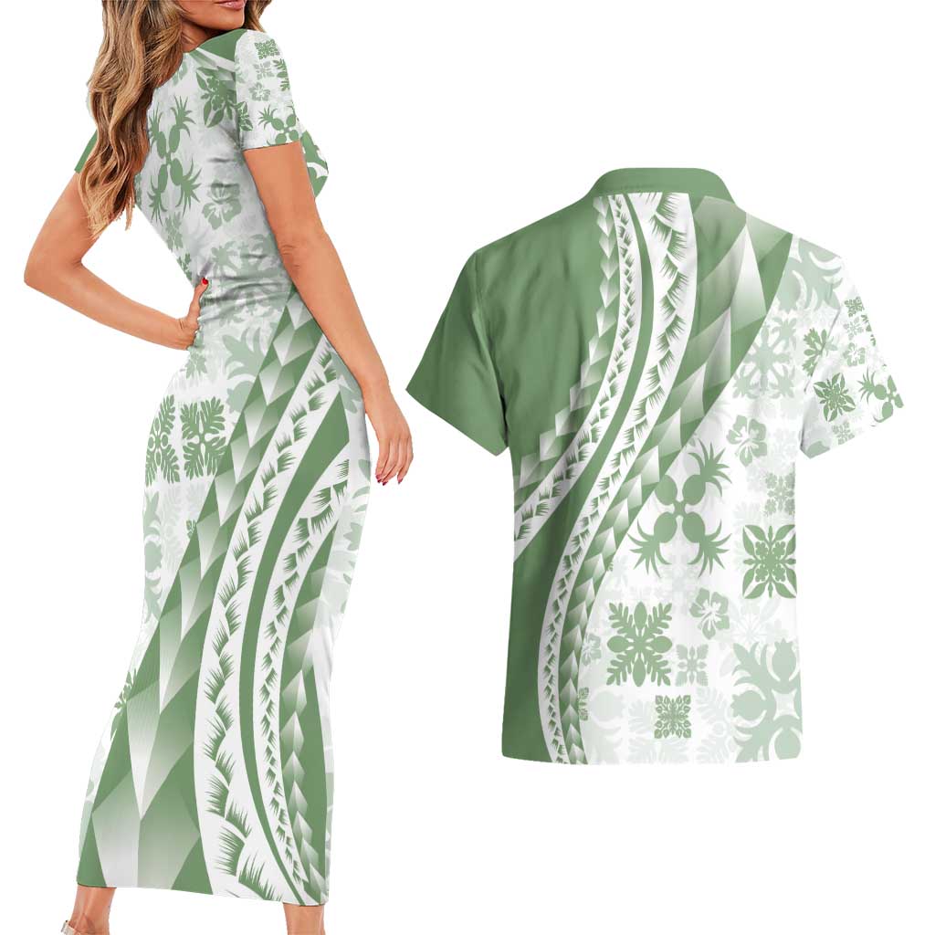 Green Hawaiian Quilt Pattern Couples Matching Short Sleeve Bodycon Dress and Hawaiian Shirt Mixed Polynesian Tribal Arty LT9 - Polynesian Pride