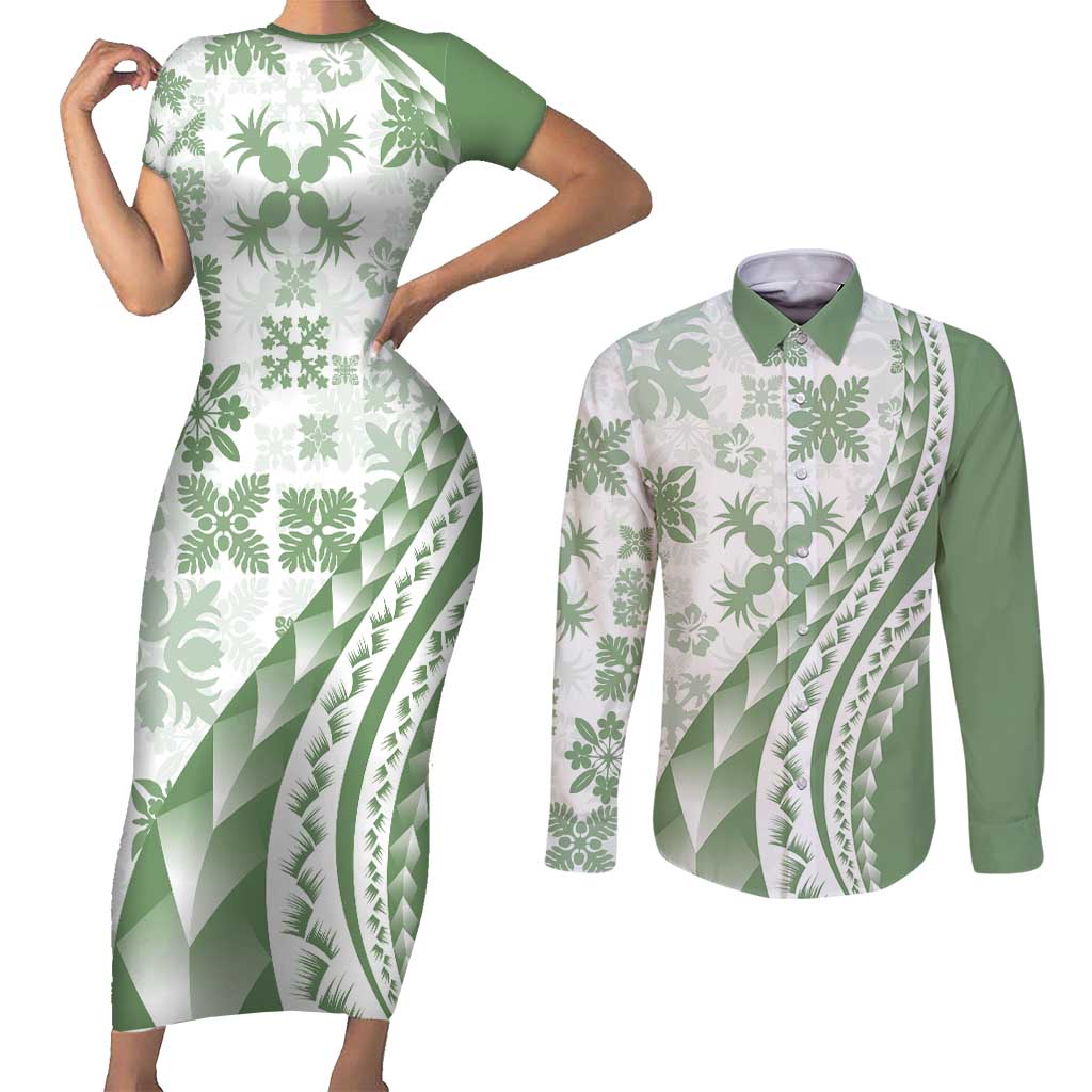 Green Hawaiian Quilt Pattern Couples Matching Short Sleeve Bodycon Dress and Long Sleeve Button Shirt Mixed Polynesian Tribal Arty LT9 Green - Polynesian Pride