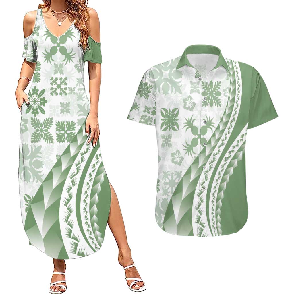 Green Hawaiian Quilt Pattern Couples Matching Summer Maxi Dress and Hawaiian Shirt Mixed Polynesian Tribal Arty LT9 Green - Polynesian Pride