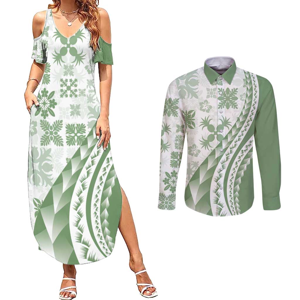 Green Hawaiian Quilt Pattern Couples Matching Summer Maxi Dress and Long Sleeve Button Shirt Mixed Polynesian Tribal Arty LT9 Green - Polynesian Pride