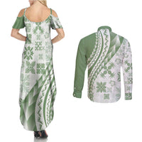 Green Hawaiian Quilt Pattern Couples Matching Summer Maxi Dress and Long Sleeve Button Shirt Mixed Polynesian Tribal Arty LT9 - Polynesian Pride