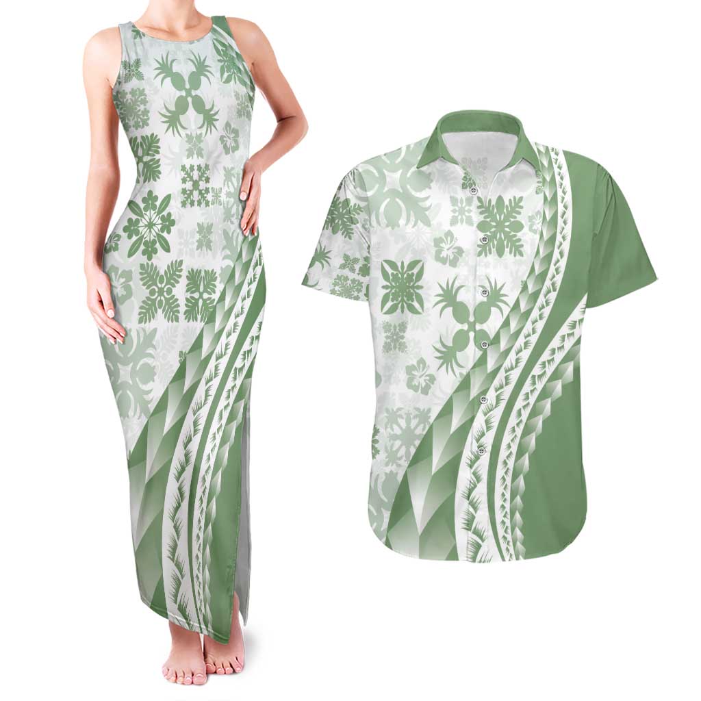 Green Hawaiian Quilt Pattern Couples Matching Tank Maxi Dress and Hawaiian Shirt Mixed Polynesian Tribal Arty LT9 Green - Polynesian Pride