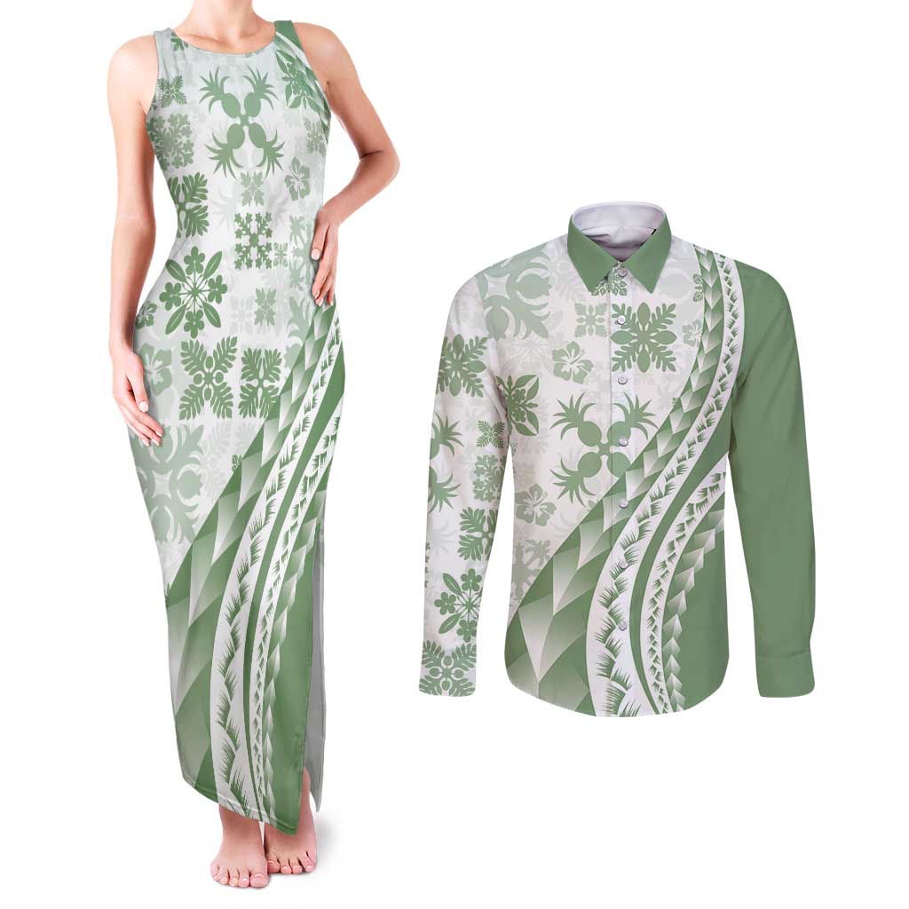 Green Hawaiian Quilt Pattern Couples Matching Tank Maxi Dress and Long Sleeve Button Shirt Mixed Polynesian Tribal Arty LT9 Green - Polynesian Pride