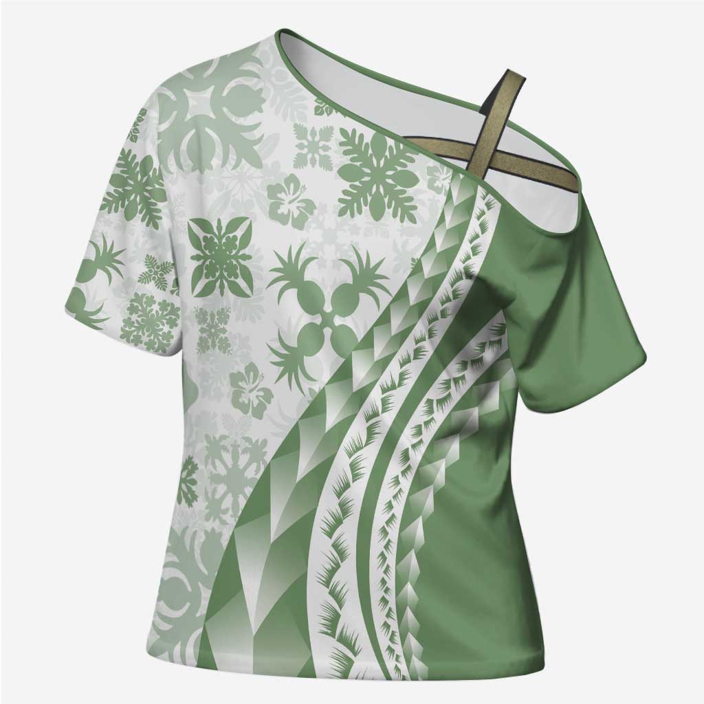 Green Hawaiian Quilt Pattern Cross Shoulder Shirt Mixed Polynesian Tribal Arty - Polynesian Pride