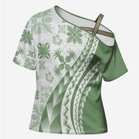 Green Hawaiian Quilt Pattern Cross Shoulder Shirt Mixed Polynesian Tribal Arty - Polynesian Pride
