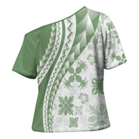 Green Hawaiian Quilt Pattern Cross Shoulder Shirt Mixed Polynesian Tribal Arty - Polynesian Pride