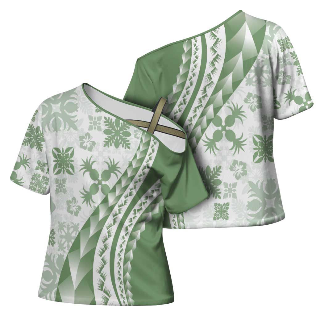 Green Hawaiian Quilt Pattern Cross Shoulder Shirt Mixed Polynesian Tribal Arty - Polynesian Pride