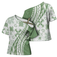 Green Hawaiian Quilt Pattern Cross Shoulder Shirt Mixed Polynesian Tribal Arty - Polynesian Pride