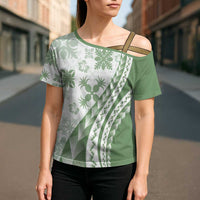 Green Hawaiian Quilt Pattern Cross Shoulder Shirt Mixed Polynesian Tribal Arty - Polynesian Pride