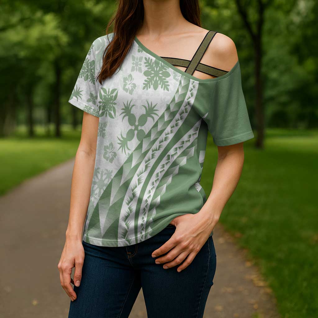 Green Hawaiian Quilt Pattern Cross Shoulder Shirt Mixed Polynesian Tribal Arty - Polynesian Pride