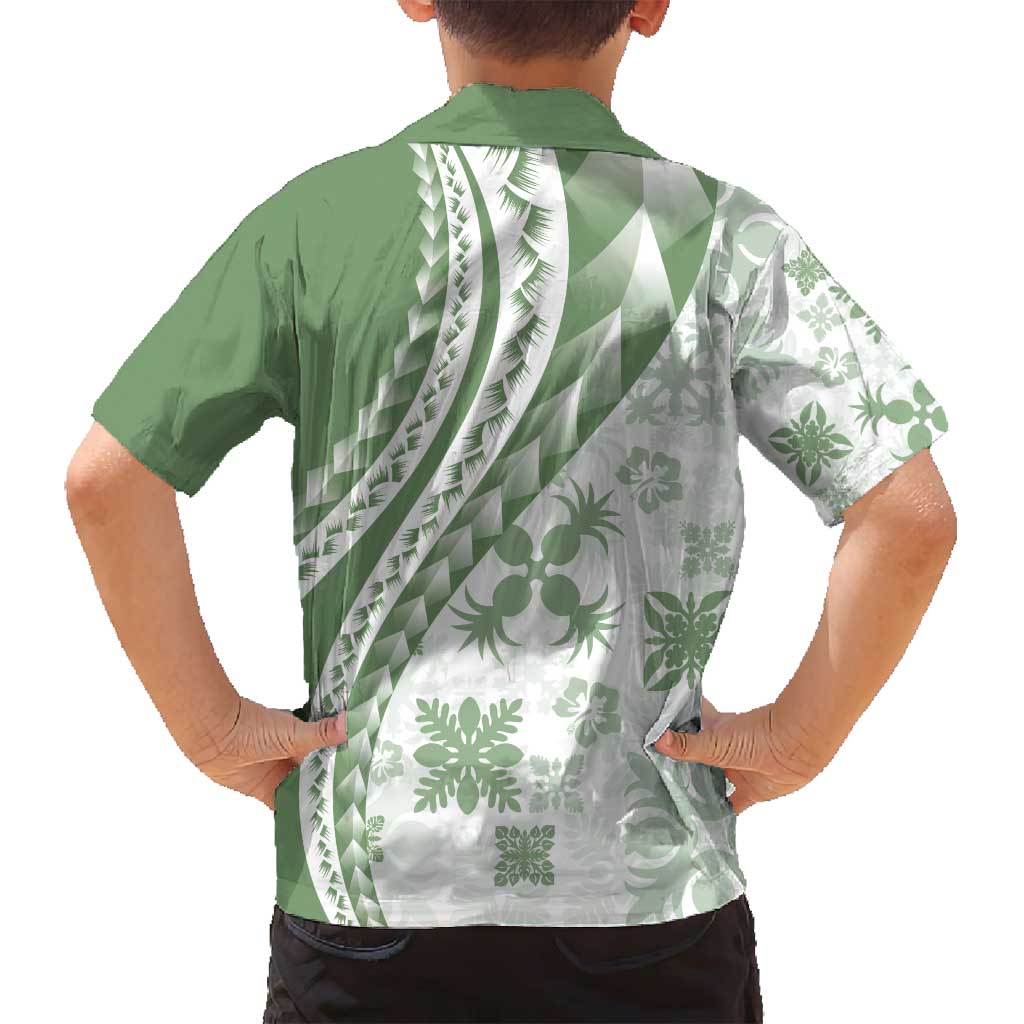 Green Hawaiian Quilt Pattern Family Matching Long Sleeve Bodycon Dress and Hawaiian Shirt Mixed Polynesian Tribal Arty