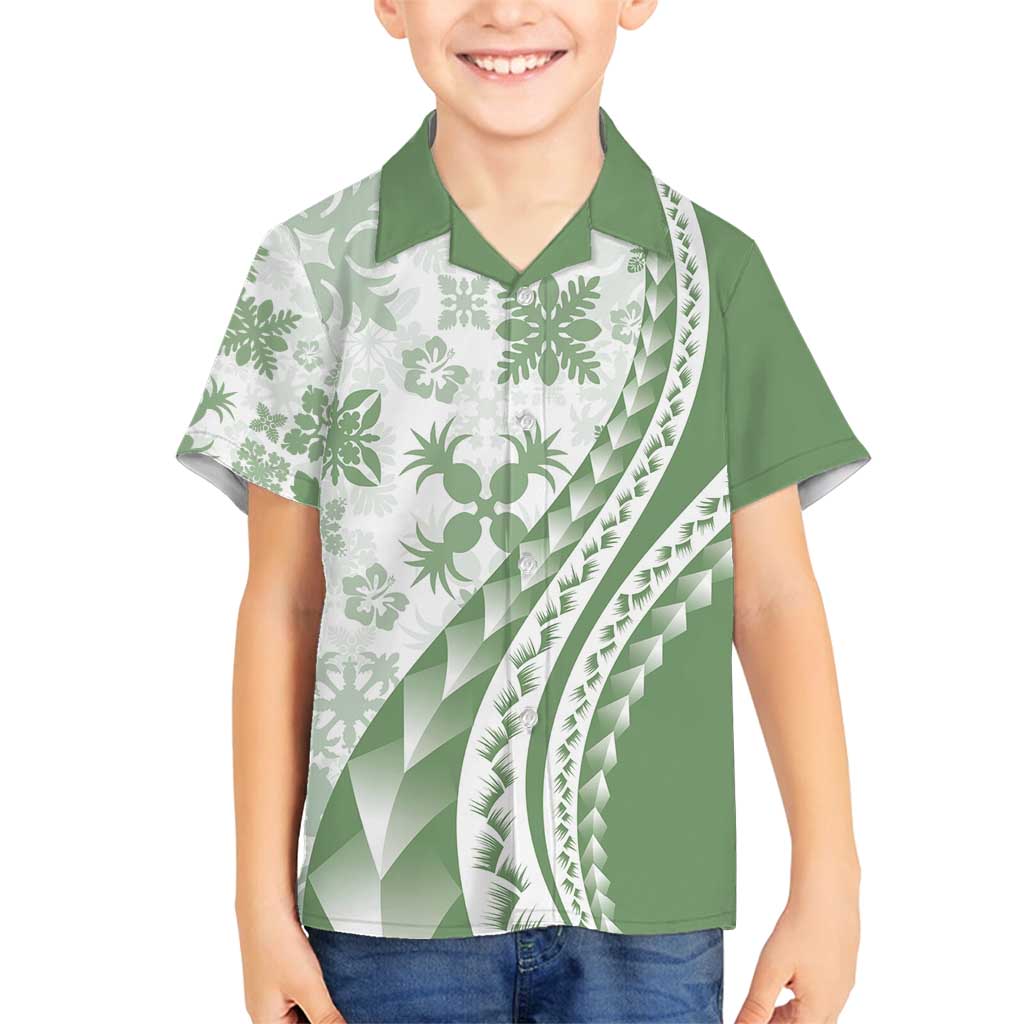 Green Hawaiian Quilt Pattern Family Matching Long Sleeve Bodycon Dress and Hawaiian Shirt Mixed Polynesian Tribal Arty