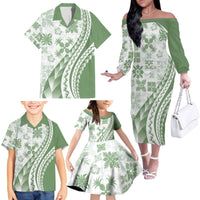 Green Hawaiian Quilt Pattern Family Matching Off The Shoulder Long Sleeve Dress and Hawaiian Shirt Mixed Polynesian Tribal Arty