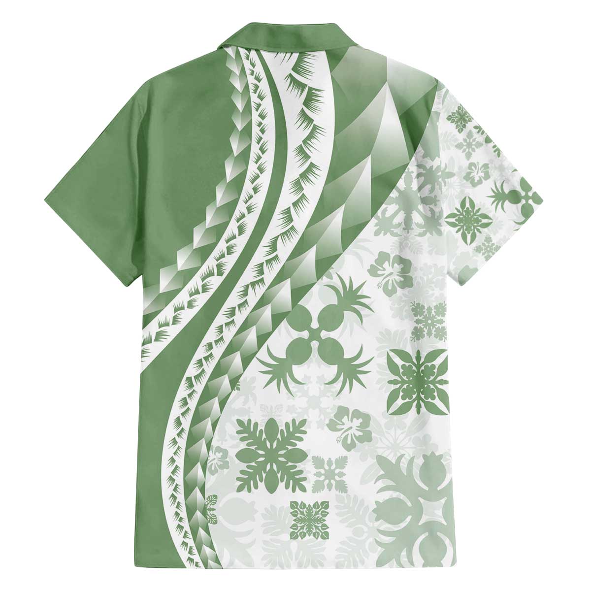 Green Hawaiian Quilt Pattern Family Matching Off The Shoulder Long Sleeve Dress and Hawaiian Shirt Mixed Polynesian Tribal Arty