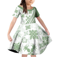 Green Hawaiian Quilt Pattern Family Matching Off Shoulder Short Dress and Hawaiian Shirt Mixed Polynesian Tribal Arty