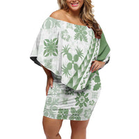Green Hawaiian Quilt Pattern Family Matching Off Shoulder Short Dress and Hawaiian Shirt Mixed Polynesian Tribal Arty