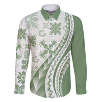 Green Hawaiian Quilt Pattern Family Matching Short Sleeve Bodycon Dress and Hawaiian Shirt Mixed Polynesian Tribal Arty