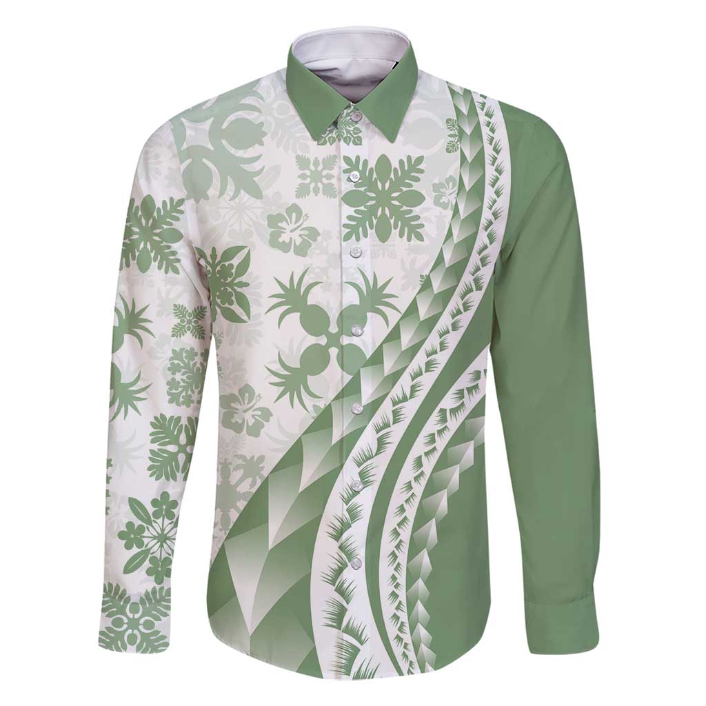 Green Hawaiian Quilt Pattern Family Matching Summer Maxi Dress and Hawaiian Shirt Mixed Polynesian Tribal Arty LT9 Dad's Shirt - Long Sleeve Green - Polynesian Pride