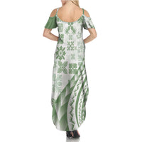Green Hawaiian Quilt Pattern Family Matching Summer Maxi Dress and Hawaiian Shirt Mixed Polynesian Tribal Arty LT9 - Polynesian Pride