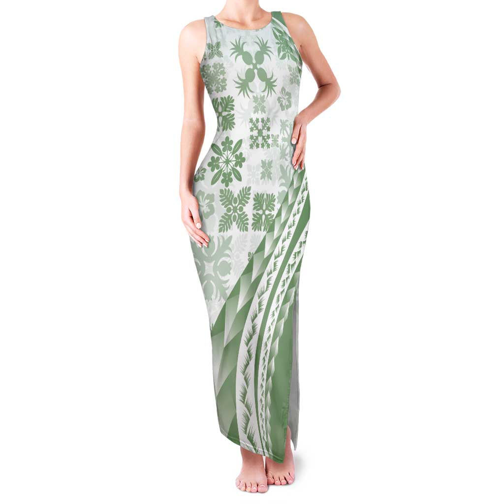 Green Hawaiian Quilt Pattern Family Matching Tank Maxi Dress and Hawaiian Shirt Mixed Polynesian Tribal Arty LT9 Mom's Dress Green - Polynesian Pride