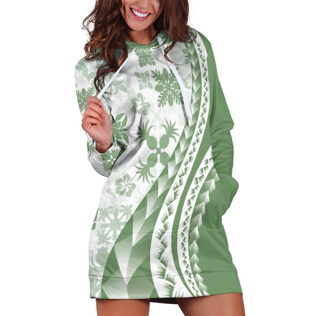 Green Hawaiian Quilt Pattern Hoodie Dress Mixed Polynesian Tribal Arty