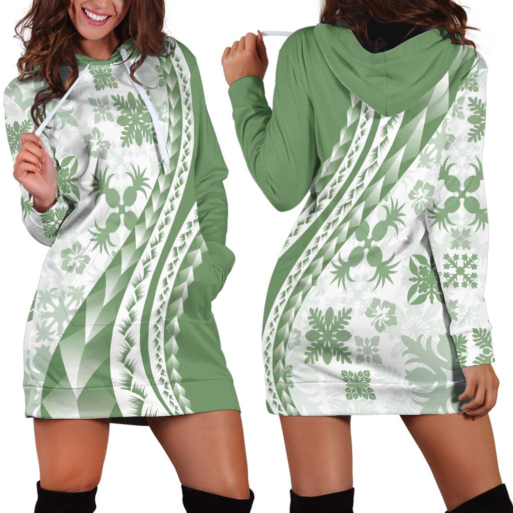 Green Hawaiian Quilt Pattern Hoodie Dress Mixed Polynesian Tribal Arty