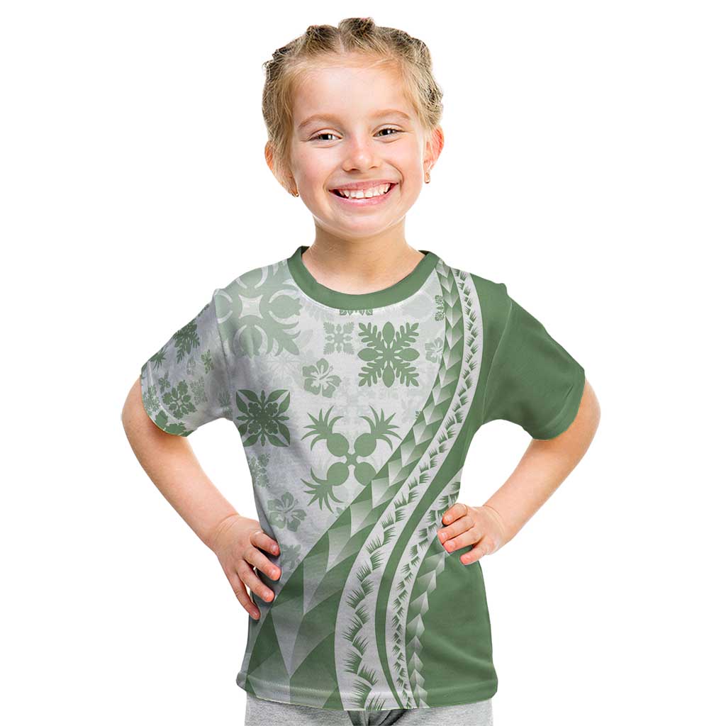 Green Hawaiian Quilt Pattern Kid T Shirt Mixed Polynesian Tribal Arty LT9 Green - Polynesian Pride