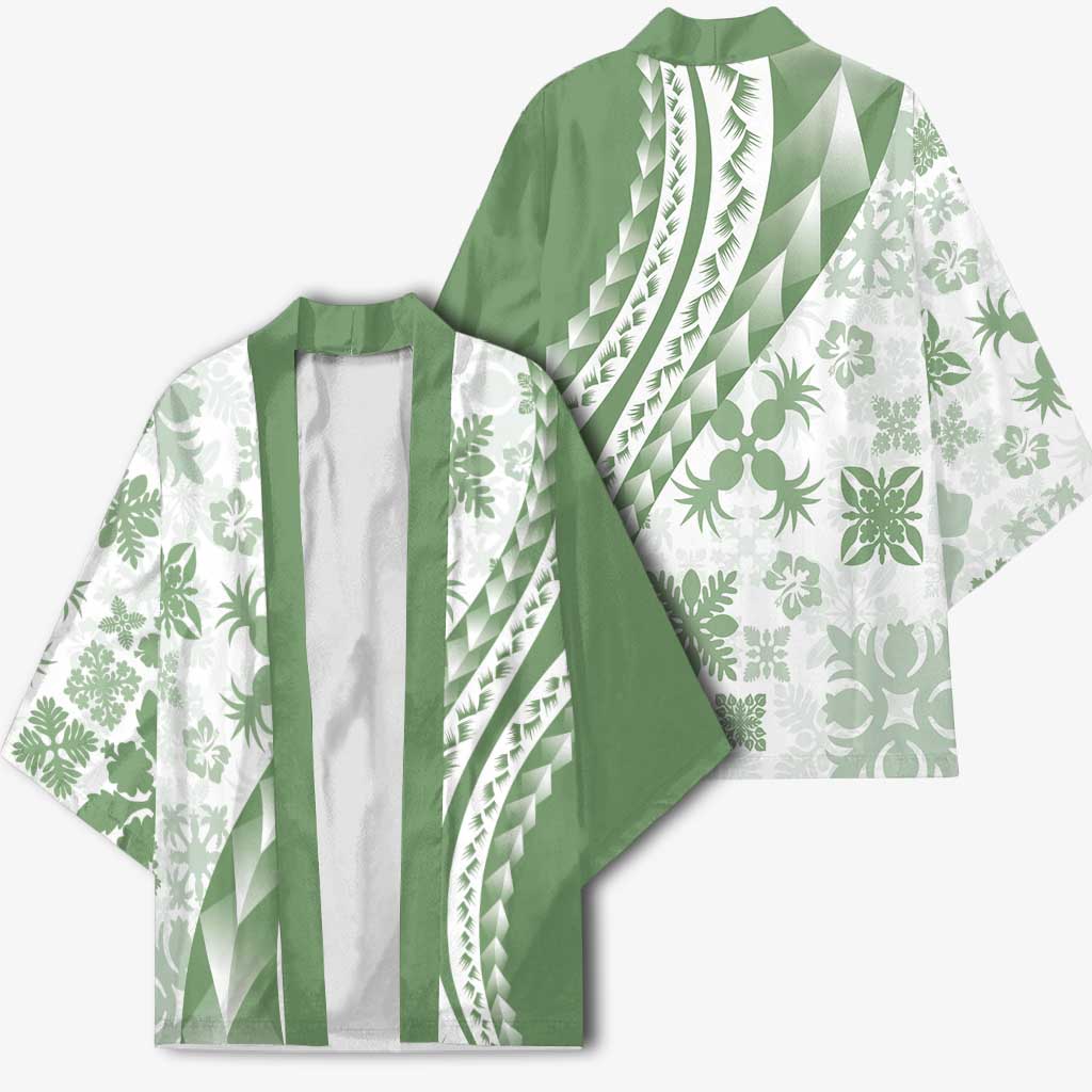 Green Hawaiian Quilt Pattern Kimono Mixed Polynesian Tribal Arty - Polynesian Pride