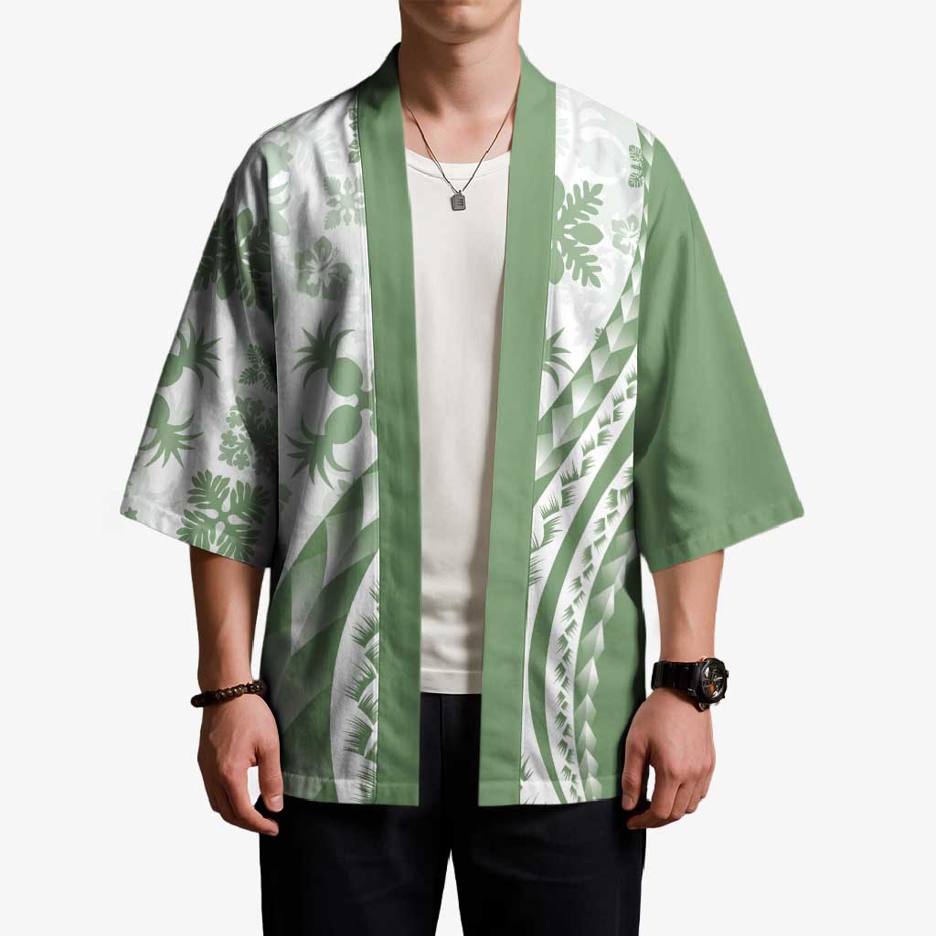 Green Hawaiian Quilt Pattern Kimono Mixed Polynesian Tribal Arty - Polynesian Pride